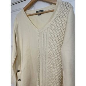 Natural Reflections Cotton V-Neck Textured Knit Sweater Long Tunic‎ Cream L Warm